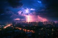 landscape with thunderstorms and lightning flashes in dark dramatic blue night sky over megalopolis city with Royalty Free Stock Photo