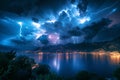 landscape with thunderstorms and thunderbolt lightning flashes in night dramatic sky in nature over a lake with Royalty Free Stock Photo