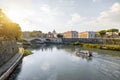 Landscape of Tiber river with boat at sunny morning in Rome