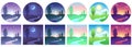 Landscape time icons. Sky and field daytime circle and square icon vector set