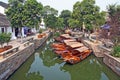 Landscape of Tongli watertown with traditional boats and old houses Royalty Free Stock Photo