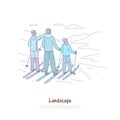 Landscape tourism, parents with child skiing together, people in warm clothes, family vacation, ski resort banner