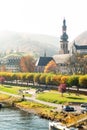 Landscape with town Cochem on river moselle. Fall season.