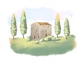 Landscape with traditional house in Tuscany, Italy, painted illustration, artistic work
