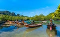 Landscape with traditional longtail boat parking, Andaman Sea, Phi Phi island, Krabi Province, Thailand Royalty Free Stock Photo