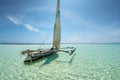 Landscape with traditional sail boat on tropical sea beach isolated in Diani Beach, Watamu, Zanzibar Maldives Caribbean sea