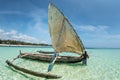 Landscape with traditional sail boat on tropical sea beach isolated in Diani Beach, Watamu, Zanzibar Maldives Caribbean sea