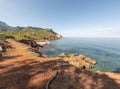 Tramuntana mountain range and Mediterranean sea beach , Mallorca, or Majorca, Balearic Islands, Spain, Europe Royalty Free Stock Photo