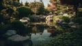 Landscape of tranquil garden fish pond with calm water, reflection on the water, scenic greenery, japanese pond full of lush Royalty Free Stock Photo