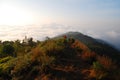 Landscape Tranquil scene of the sunrise with Orange sky and fog around the mountain in the morning at doi pha hom pok national par