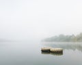 Landscape with trash, vehicle rubber tires in water during serene foggy autumn morning