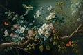 Landscape Of Tree Branches With Flowers Colorful Birds And Butterflies Used As A Classic Vintage Painting