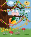 A cute flirtatious owl sits on a tree decorated with garlands, balloons, a postcard, a cartoon children's style, spring Royalty Free Stock Photo