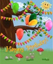 A cute flirtatious owl sits on a tree decorated with garlands, balloons, a postcard, a cartoon children's style, spring Royalty Free Stock Photo