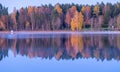 Landscape with trees and clouds reflecting in calm water