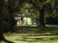 Trees shadows people and bike