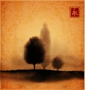 Landscape with trees in fog hand drawn with ink in asian style Royalty Free Stock Photo