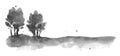 Landscape with trees in fog hand drawn with ink in asian style. Misty meadow. Traditional oriental ink painting sumi-e, u-sin, go- Royalty Free Stock Photo