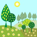Landscape with trees and sunshine daisies Royalty Free Stock Photo