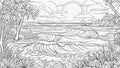 landscape with trees and water black and white, coloring book page seascape