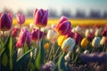 Beautiful bright colorful multicolored yellow, white, red, purple, pink blooming tulips generative AI Royalty Free Stock Photo