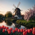 a landscape with tulips, traditional Dutch windmills and houses near the canal i...