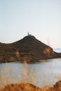 Landscape in Turkey Knidos Deveboynu Lighthouse on mountain top above Aegean sea