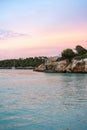 Landscape with turquoise, azure sea water, Cala Mondrago, Majorca island, Spain. Dusk Royalty Free Stock Photo