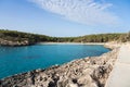 Landscape with turquoise, azure sea water on a sunny day, Cala Mondrago, Majorca island, Spain Royalty Free Stock Photo