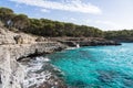 Landscape with turquoise, azure sea water on a sunny day, Cala Mondrago, Majorca island, Spain Royalty Free Stock Photo