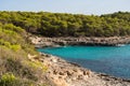 Landscape with turquoise, azure sea water on a sunny day, Cala Mondrago, Majorca island, Spain Royalty Free Stock Photo