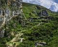 Landscape of Turquoise pools called Millpu and a beauitful garden in the mountain of Peru