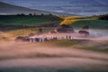 Landscape in Tuscany, near the Siana and Pienza, Sunrise morning in Italy. Idyllic view on hilly meadow in Tuscany in beautiful Royalty Free Stock Photo