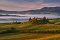 Landscape in Tuscany, near the Siana and Pienza, Sunrise morning in Italy. Idyllic view on hilly meadow in Tuscany in beautiful Royalty Free Stock Photo