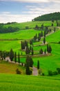 Landscape of Tuscany with twisting road and cypresses Royalty Free Stock Photo