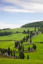 Landscape of Tuscany with twisting road and cypresses Royalty Free Stock Photo