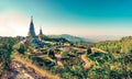 Landscape of two pagoda at the Inthanon mountain at sunset, Chiang Mai, Thailand.Inthanon mountain is the highest mountain in Thai Royalty Free Stock Photo