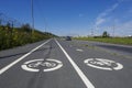 Landscape with two road signs `Bicycle path` Royalty Free Stock Photo