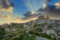 Landscape uchisar mountain of Cappadocia, Turkey. In the morning, the sunbeams on the top of the hil