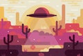 Landscape with UFO, flying saucer over grand canyon or desert near area 51 - vector flat cartoon illustration Royalty Free Stock Photo