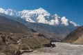 Landscape of Upper Mustang with Nilgiri mountain peak, Himalaya mountains range in Nepal Royalty Free Stock Photo