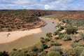 Landscape of valley and bush with Murchison Riven in Kalbarri National Park viewed from famous Nature Window