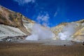 Landscape. The valley of fumaroles in the eruption of vapors of boiling water and sulfur.