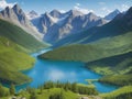 Landscape of valley with a lake in mountains