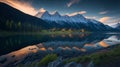 Landscape of valley with a lake in mountains at sunset