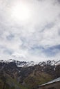 Landscape of a valley of a mountain valley, mountains with snow-capped peaks in Georgia