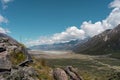 Landscape of valley with mountain range and Tasman river view. Aoraki, Mount Cook National Park. New Zealand Royalty Free Stock Photo