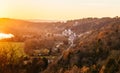 A landscape of the valley of the Seine at sunset in autumn with a view on La Roche Guyon