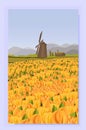 Landscape vector background. Rural landscape. Netherlands nature. Holland mill. Mountain landscape. Field of jelly tulips. Yellow