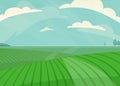 Landscape vector illustration. Green meadow field, hill, plants and blue sky with clouds. Nature spring, summer farm Royalty Free Stock Photo